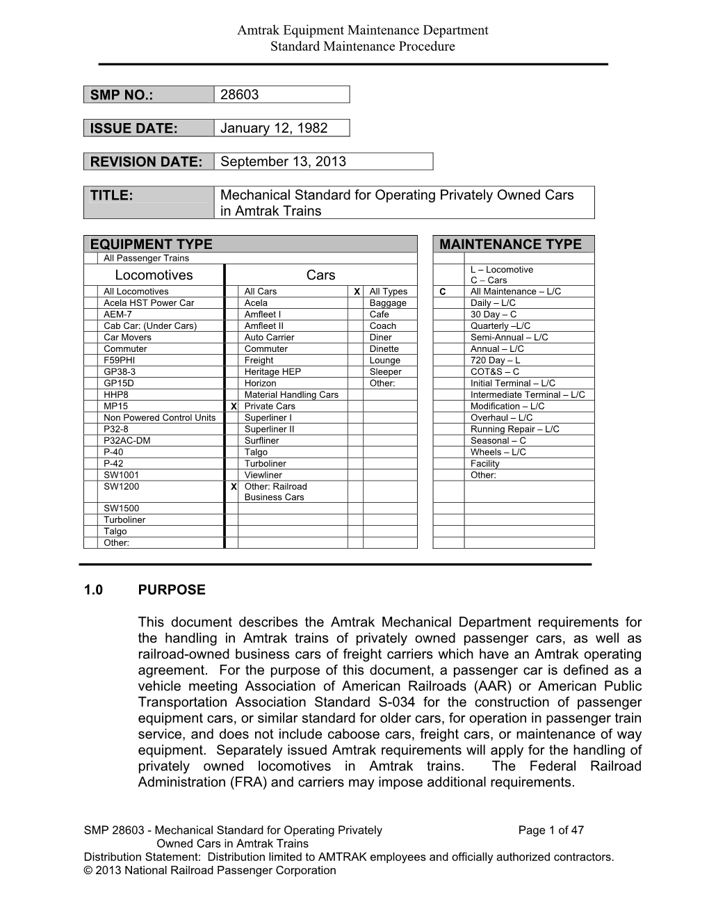 Amtrak SMP 28603 Mechanical Standards for Operating Privately