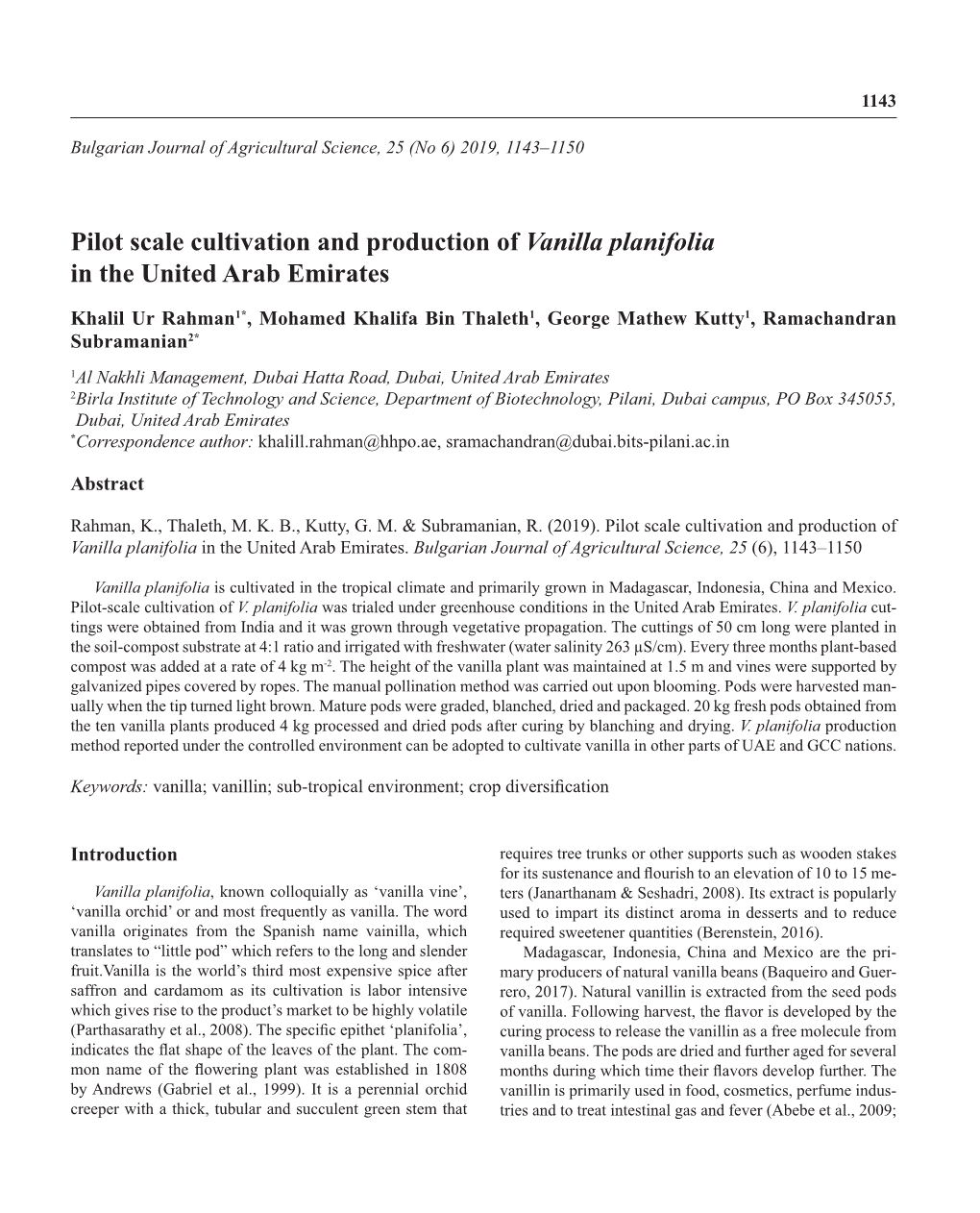 Pilot Scale Cultivation and Production of Vanilla Planifolia in the United Arab Emirates