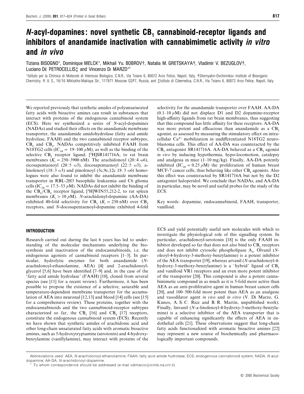 N-Acyl-Dopamines: Novel Synthetic CB1 Cannabinoid-Receptor Ligands