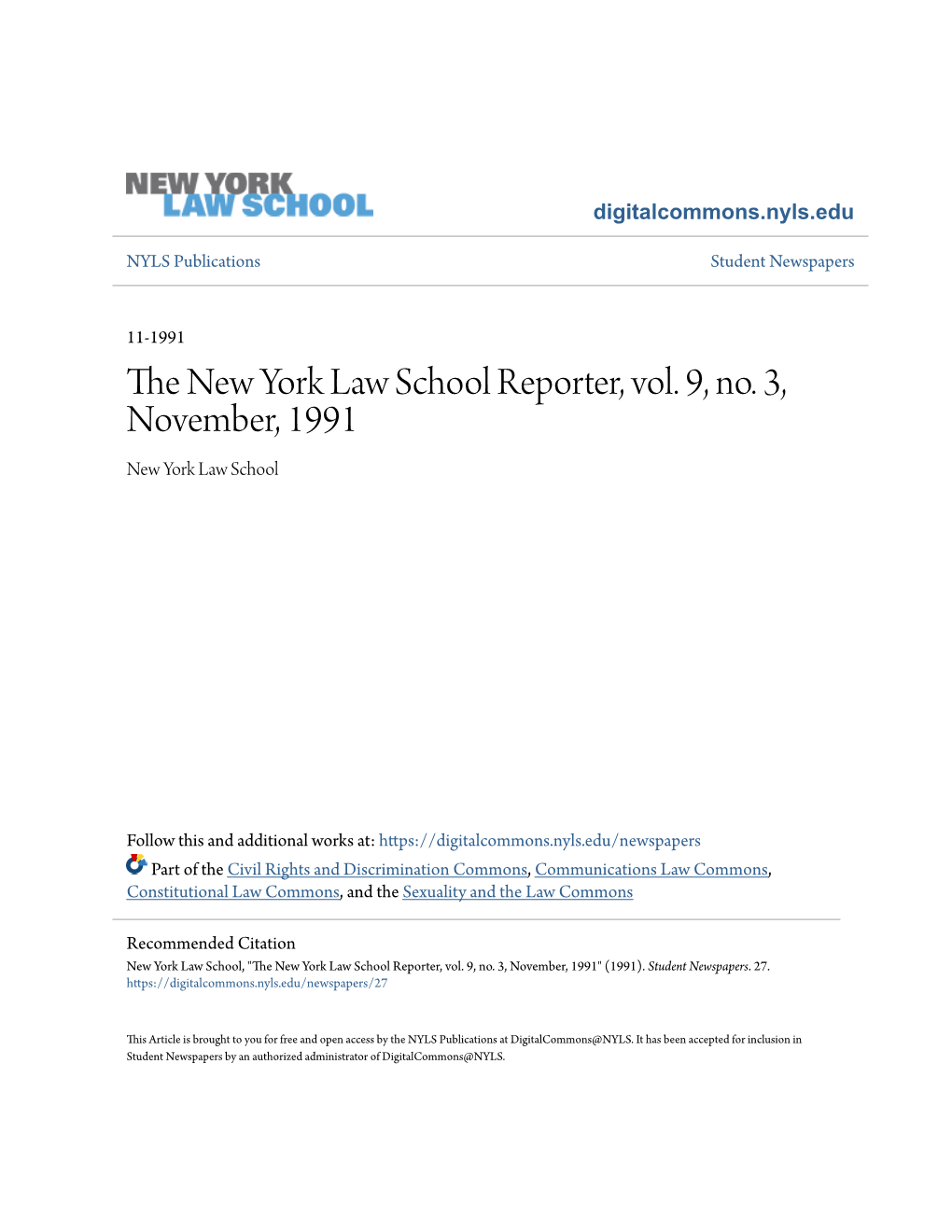 The New York Law School Reporter, Vol. 9, No. 3, November, 1991