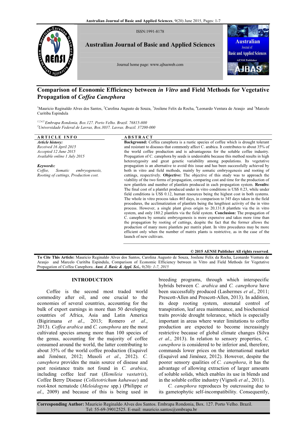 Comparison of Economic Efficiency Between in Vitro and Field Methods for Vegetative Propagation of Coffea Canephora