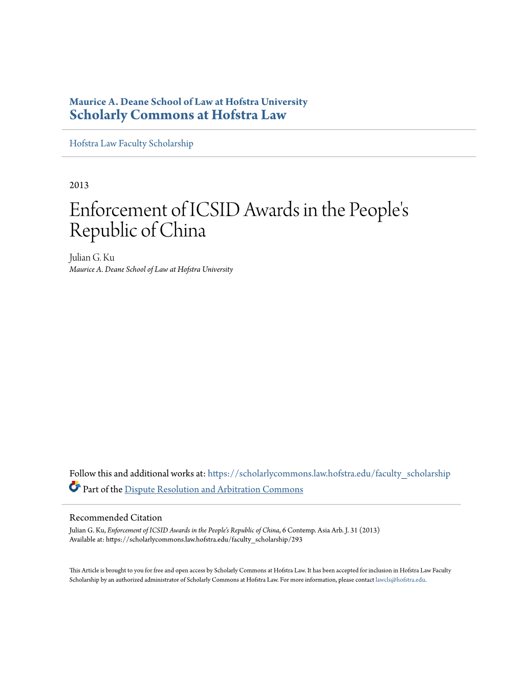 Enforcement of ICSID Awards in the People's Republic of China Julian G