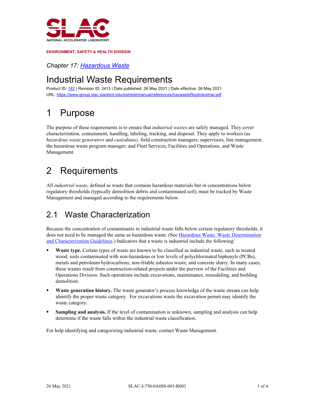 Hazardous Waste: Industrial Waste Requirements