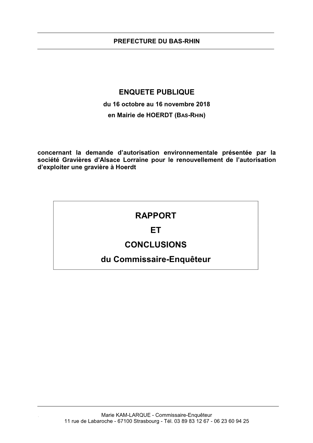 RAPPORT ET CONCLUSIONS Du Commissaire-Enquêteur