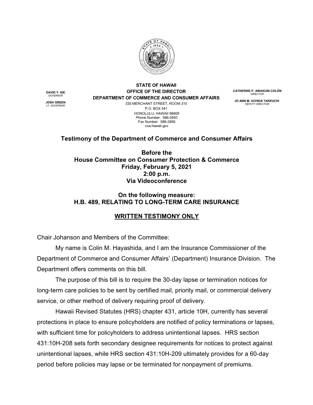 Testimony of the Department of Commerce and Consumer Affairs