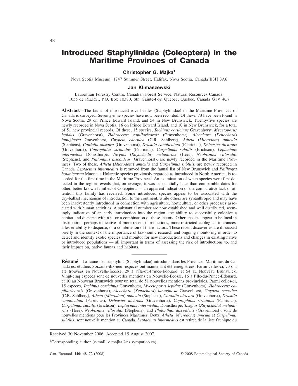 Introduced Staphylinidae (Coleoptera) in the Maritime Provinces of Canada