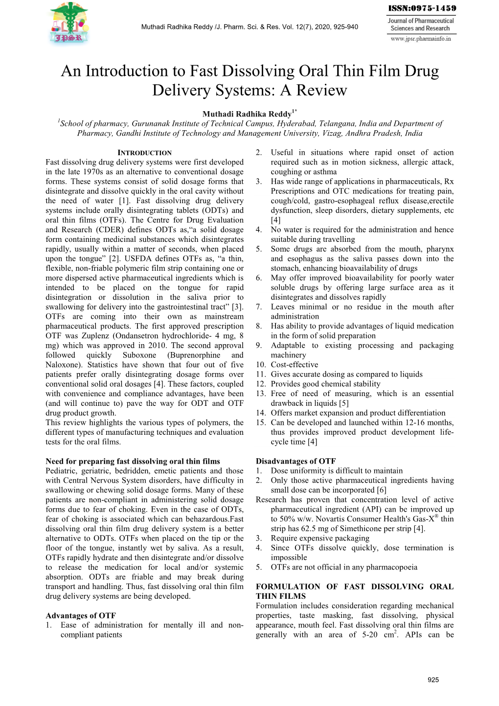 An Introduction to Fast Dissolving Oral Thin Film Drug Delivery Systems: a Review