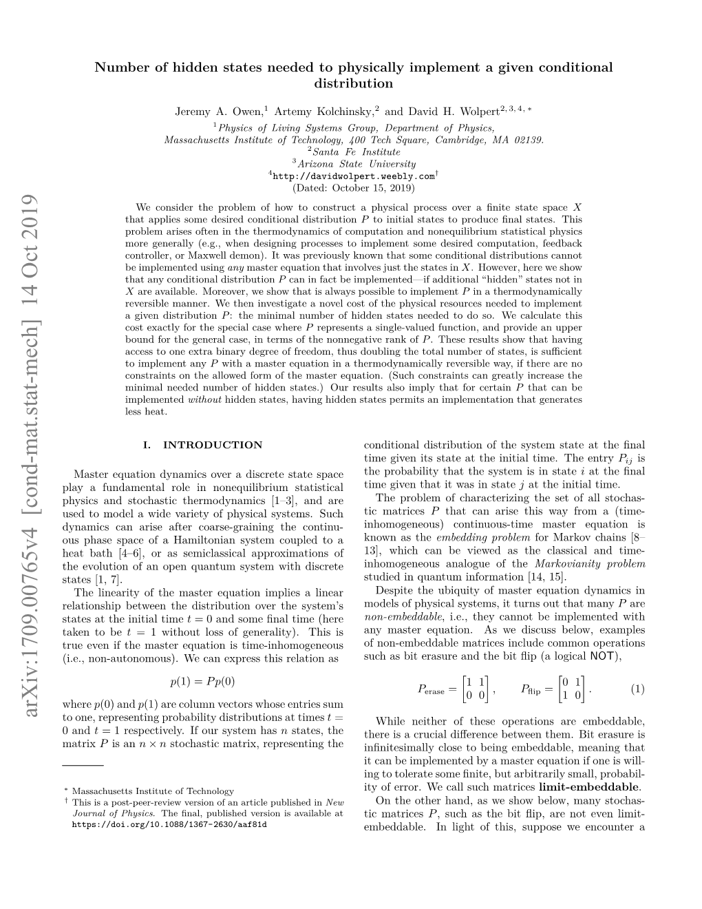 Arxiv:1709.00765V4 [Cond-Mat.Stat-Mech] 14 Oct 2019