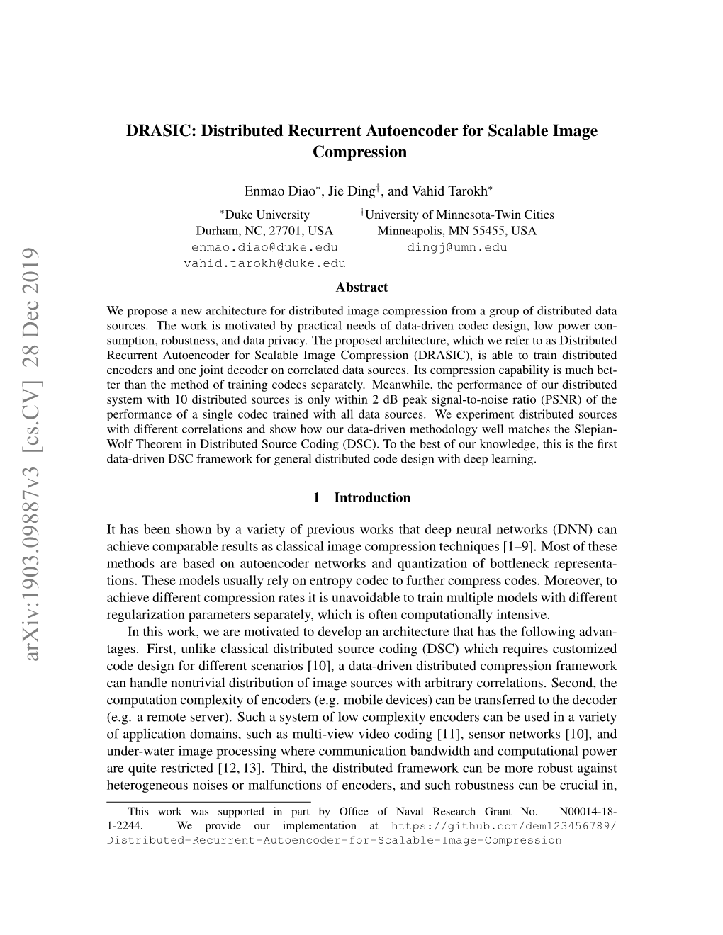 DRASIC Distributed Recurrent Autoencoder for Scalable