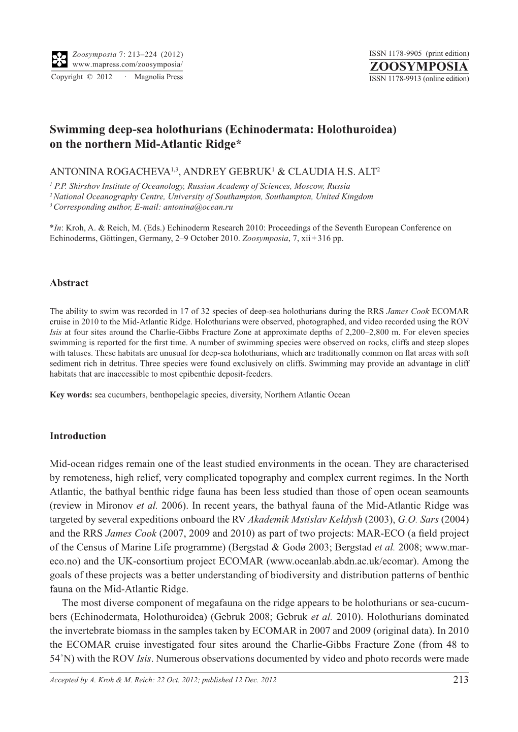 Swimming Deep-Sea Holothurians (Echinodermata: Holothuroidea) on the Northern Mid-Atlantic Ridge*