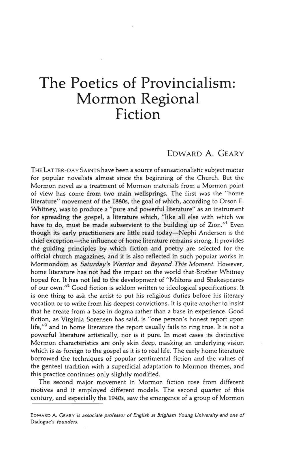 The Poetics of Provincialism: Mormon Regional Fiction