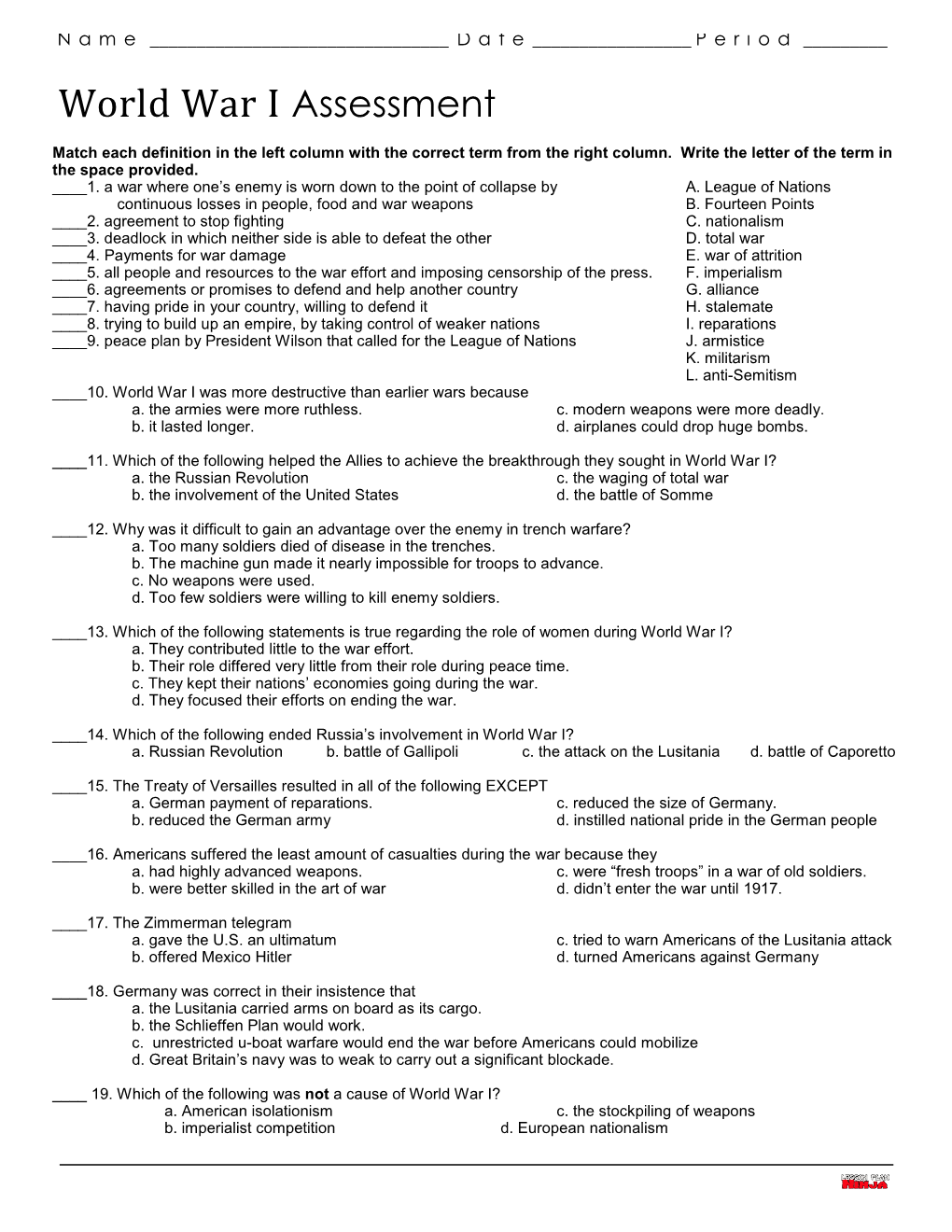 World War I Assessment