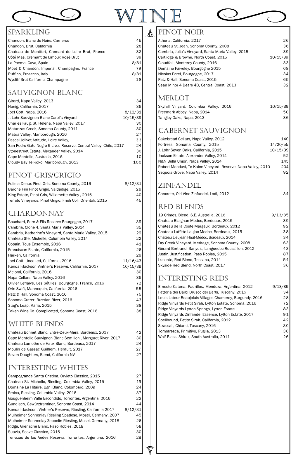 Pinot Noir Merlot Cabernet Sauvignon Zinfandel Red Blends Interesting Reds Sparkling Sauvignon Blanc Pinot Gris/Grigio Chardonn