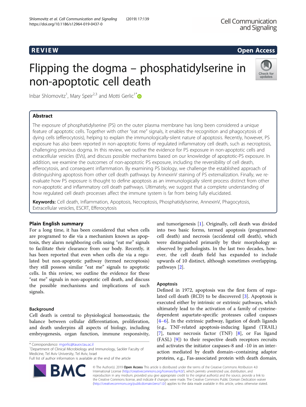 Phosphatidylserine in Non-Apoptotic Cell Death Inbar Shlomovitz1, Mary Speir2,3 and Motti Gerlic1*