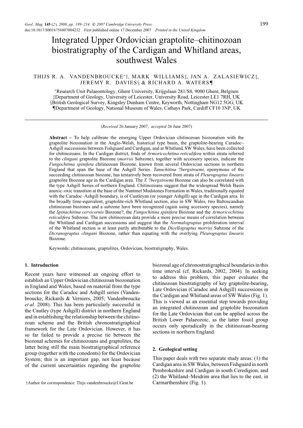 Integrated Upper Ordovician Graptolite–Chitinozoan Biostratigraphy of the Cardigan and Whitland Areas, Southwest Wales