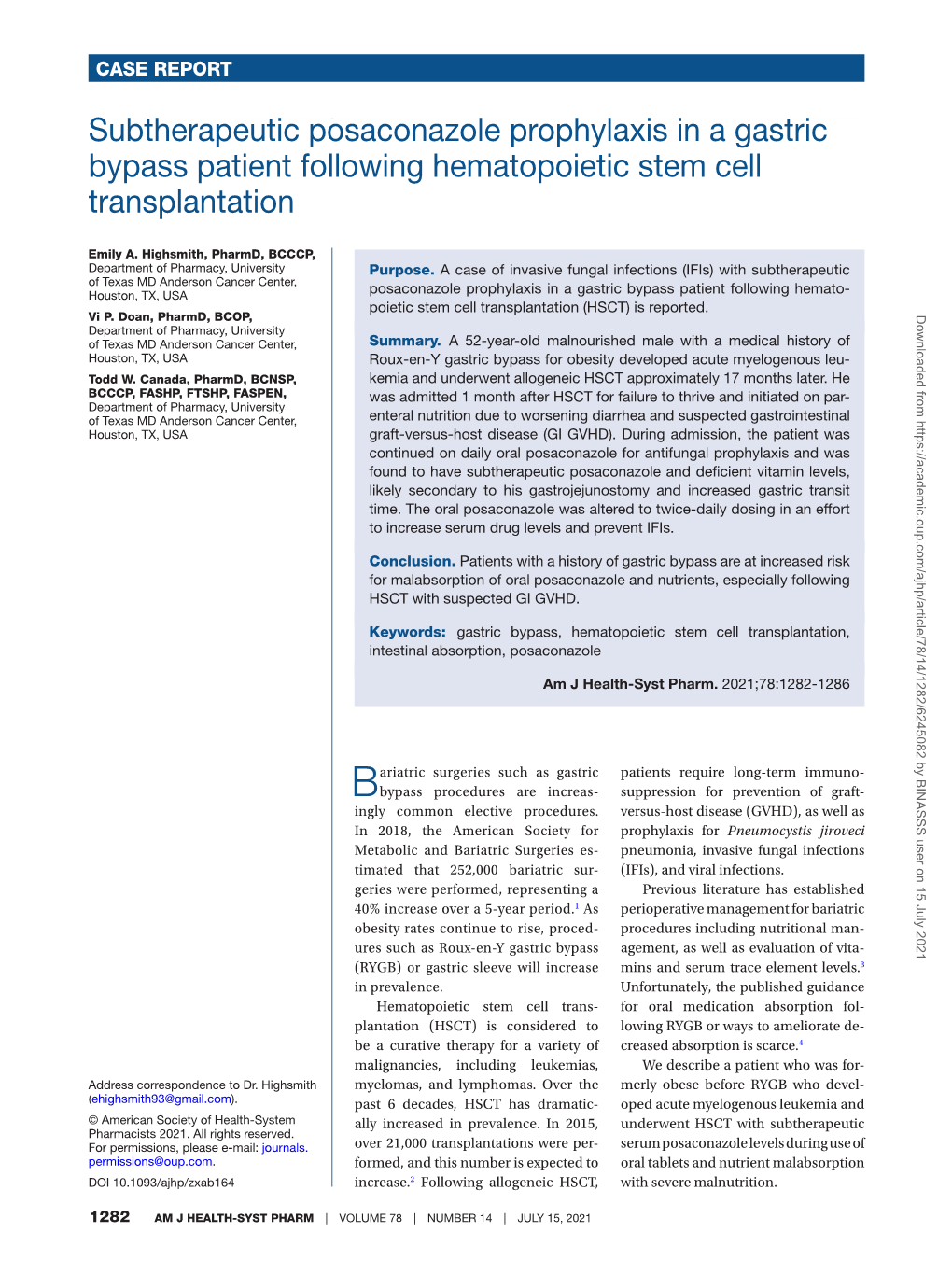 Subtherapeutic Posaconazole Prophylaxis in a Gastric Bypass Patient Following Hematopoietic Stem Cell Transplantation