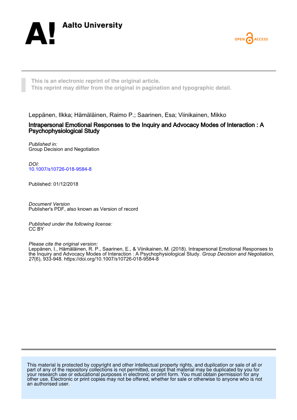 Intrapersonal Emotional Responses to the Inquiry and Advocacy Modes of Interaction : a Psychophysiological Study