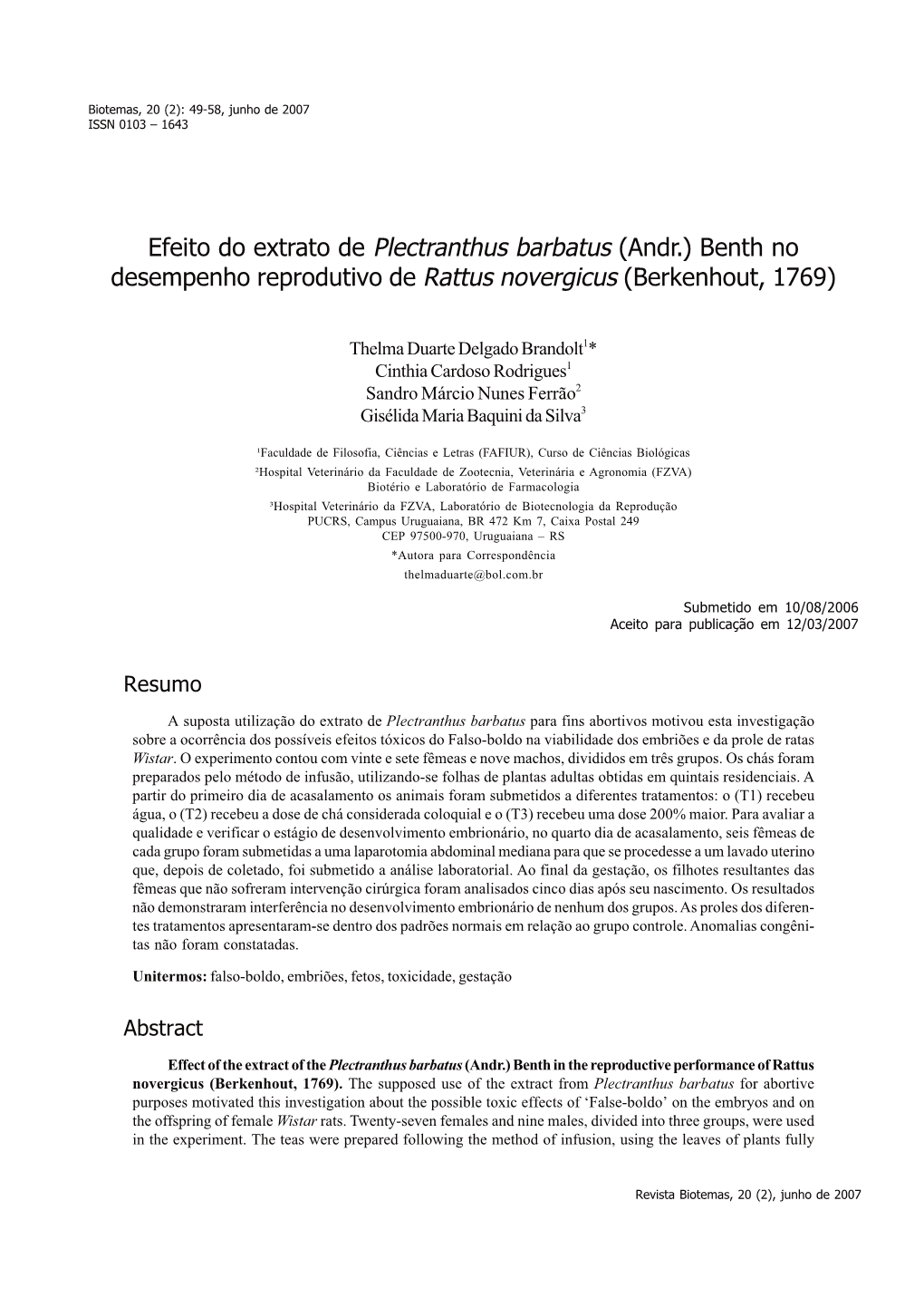 Efeito Do Extrato De Plectranthus Barbatus (Andr.) Benth No Desempenho Reprodutivo De Rattus Novergicus (Berkenhout, 1769)