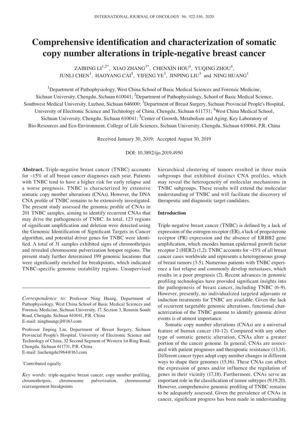 Comprehensive Identification and Characterization of Somatic Copy Number Alterations in Triple‑Negative Breast Cancer