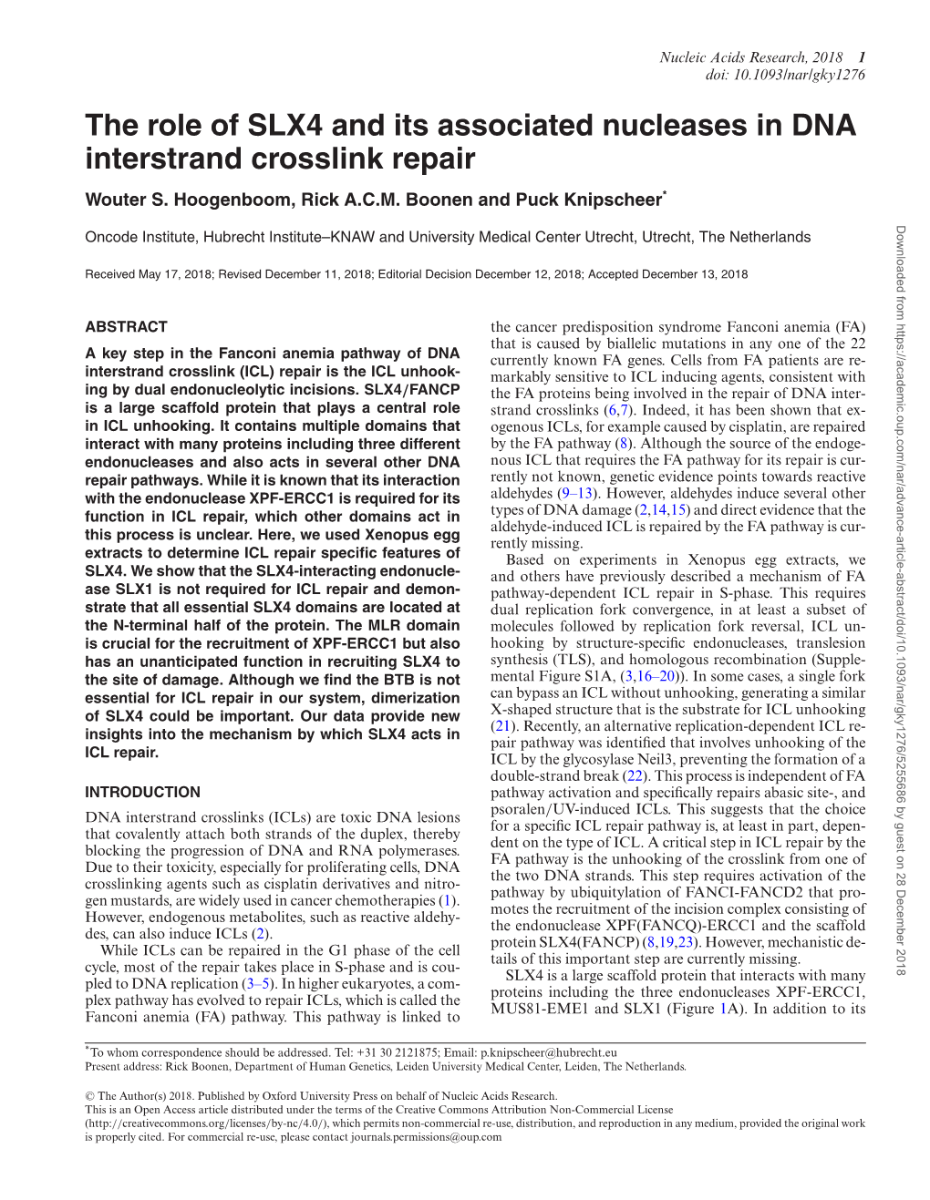 The Role of SLX4 and Its Associated Nucleases in DNA Interstrand Crosslink Repair Wouter S