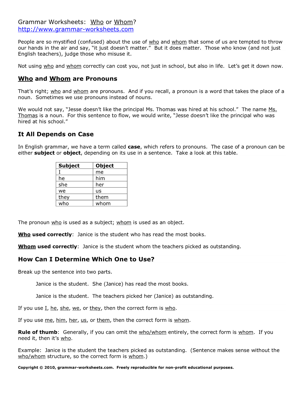 Grammar Worksheets: Who Or Whom?