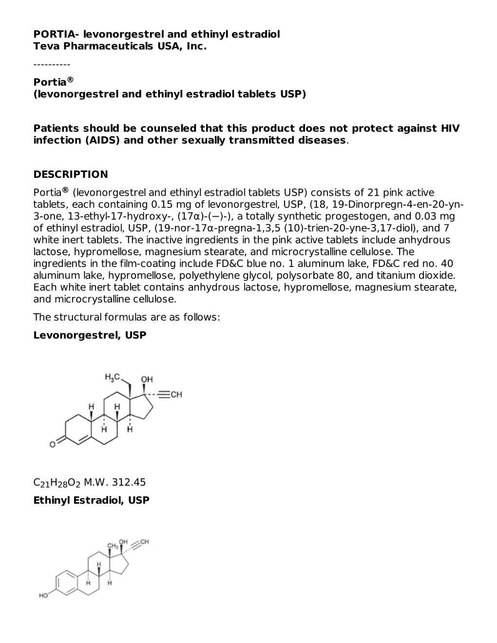 Portia®(Levonorgestrel and Ethinyl Estradiol Tablets USP)