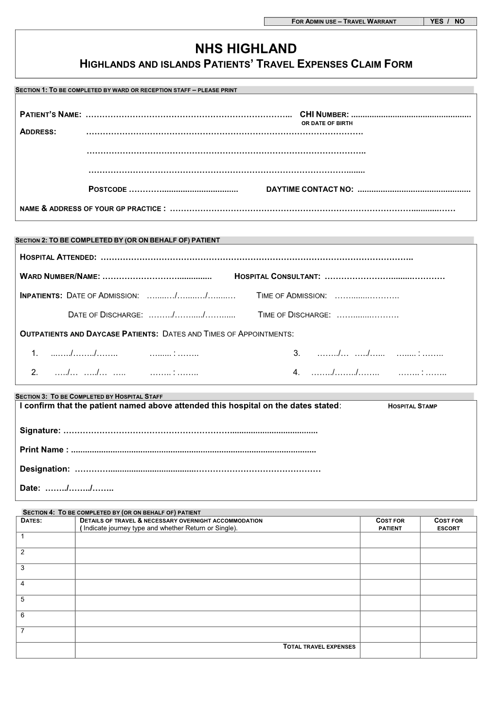 Highlands and Islands Patients' Travel Expenses Claim Form