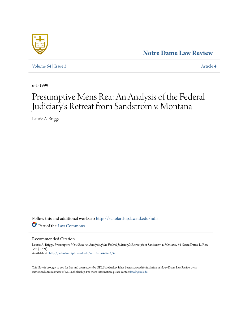 Presumptive Mens Rea: an Analysis of the Federal Judiciary's Retreat from Sandstrom V