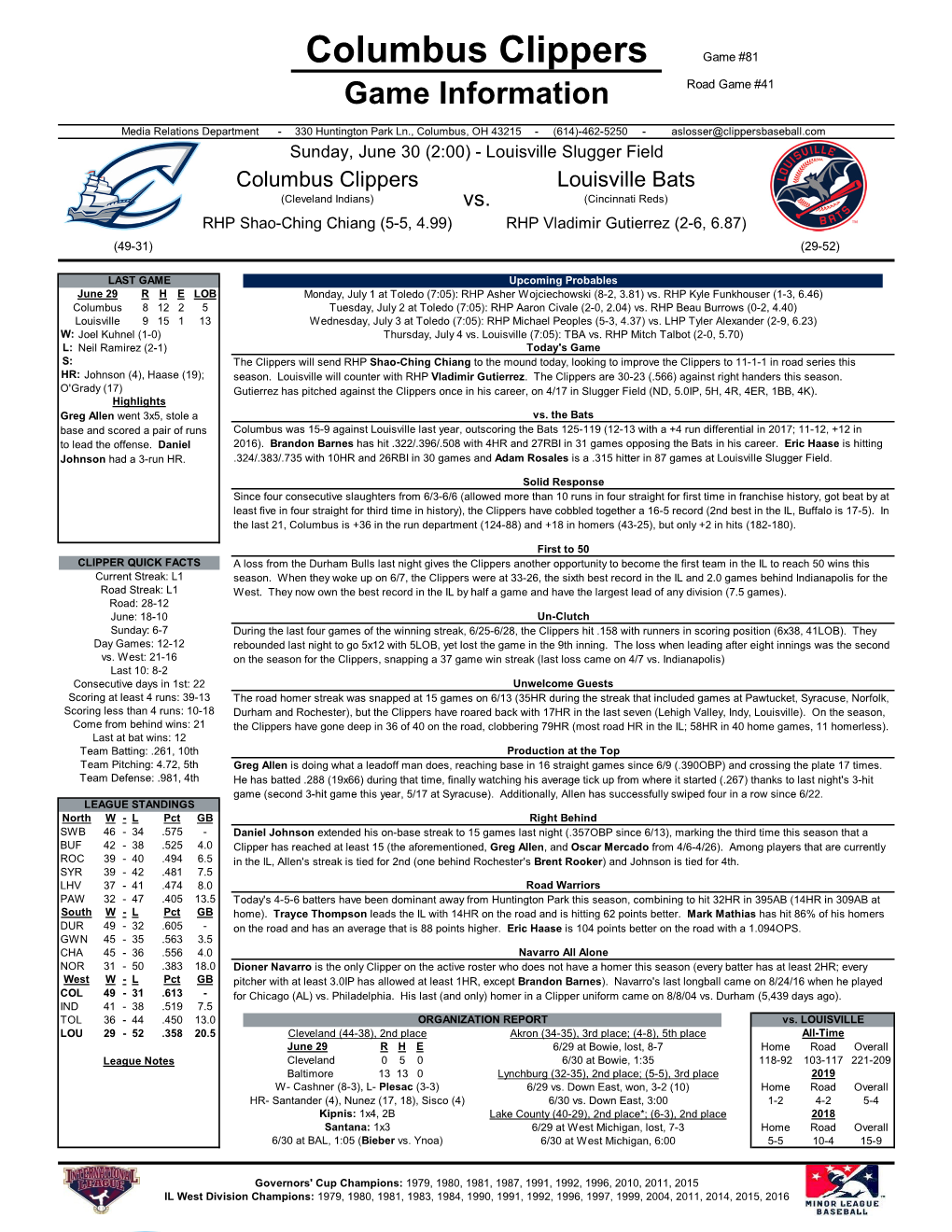 Columbus Clippers Game #81 Game Information Road Game #41