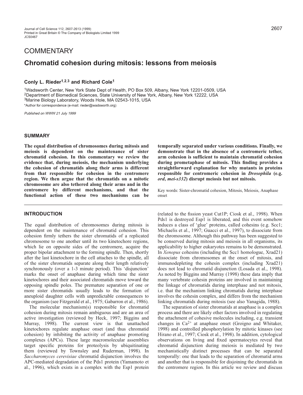 Chromatid Cohesion During Mitosis: Lessons from Meiosis