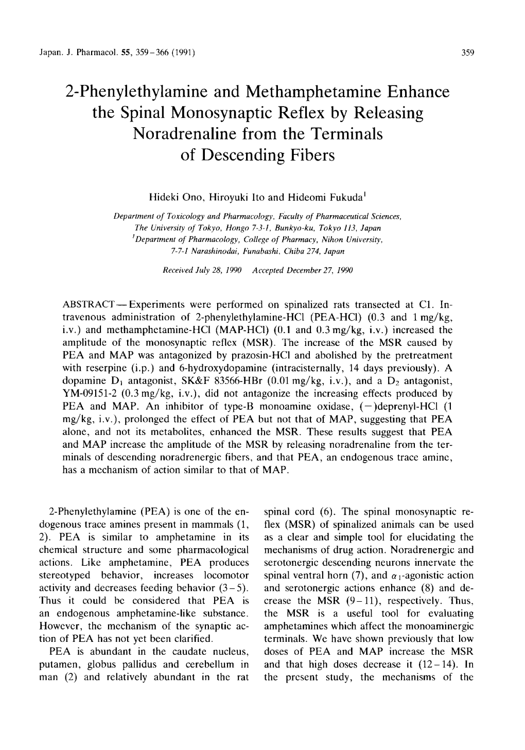 2-Phenylethylamine and Methamphetamine Enhance the Spinal Monosynaptic Reflex by Releasing Noradrenaline from the Terminals of Descending Fibers