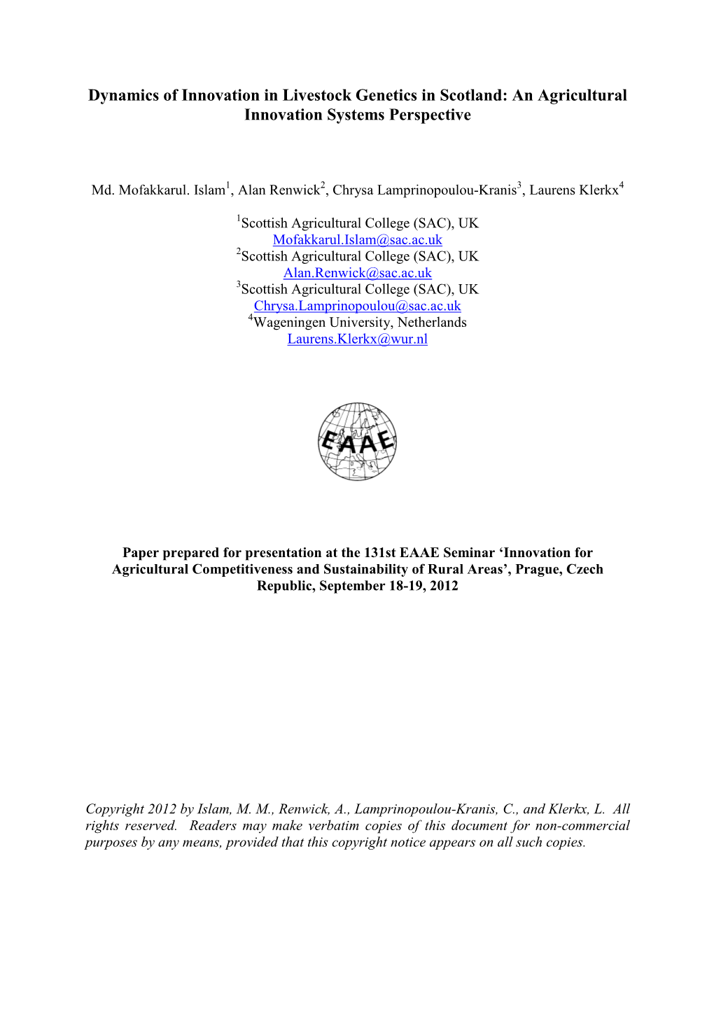 Dynamics of Innovation in Livestock Genetics in Scotland: an Agricultural Innovation Systems Perspective