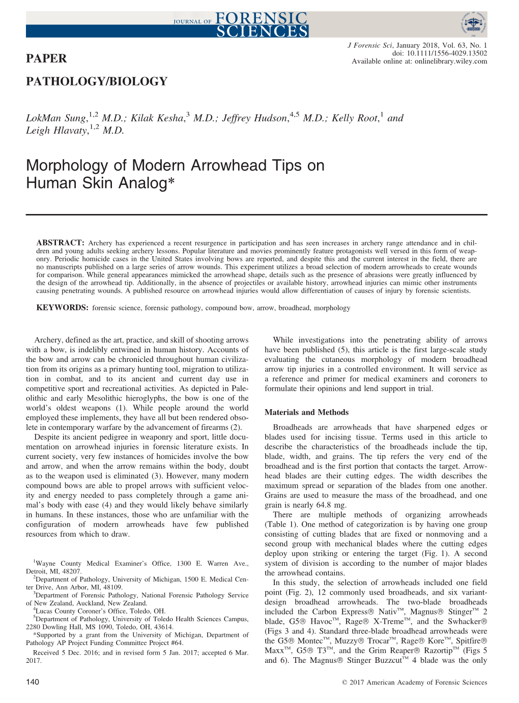 Morphology of Modern Arrowhead Tips on Human Skin Analog*