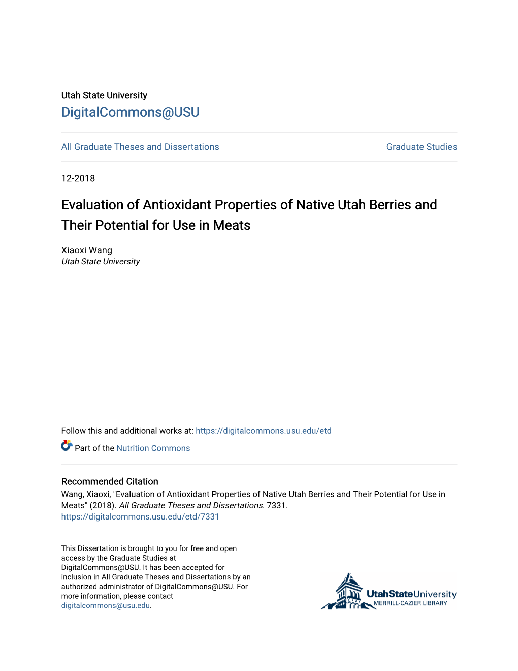 Evaluation of Antioxidant Properties of Native Utah Berries and Their Potential for Use in Meats