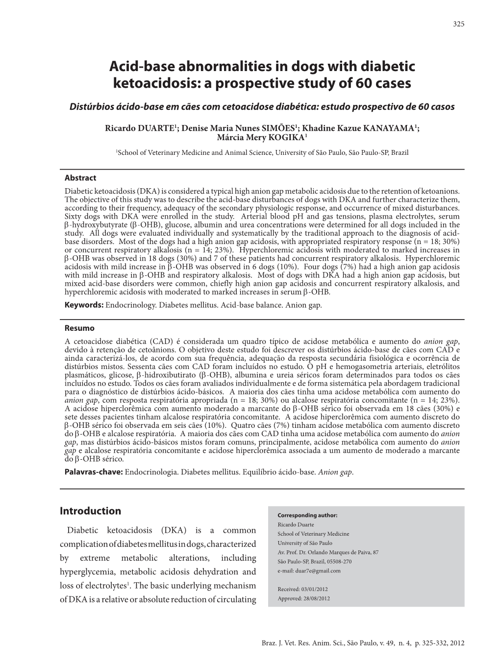 Acid-Base Abnormalities in Dogs with Diabetic Ketoacidosis: a Prospective Study of 60 Cases