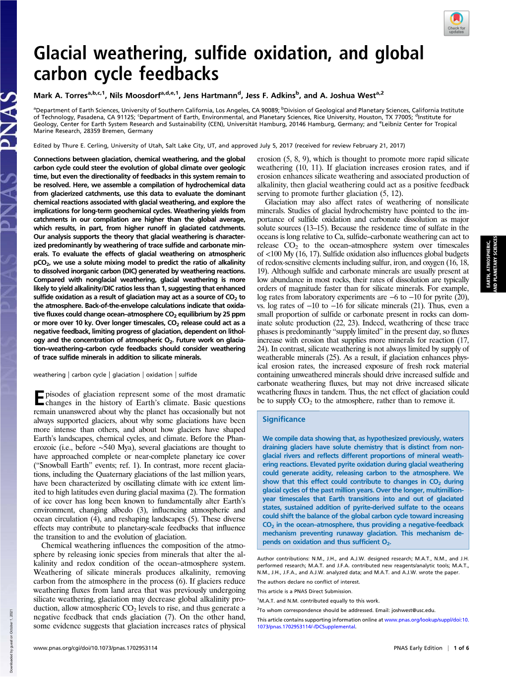 Glacial Weathering, Sulfide Oxidation, and Global Carbon Cycle Feedbacks