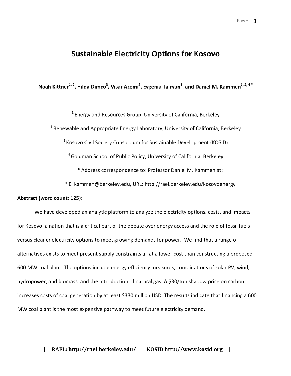 Sustainable Electricity Options for Kosovo