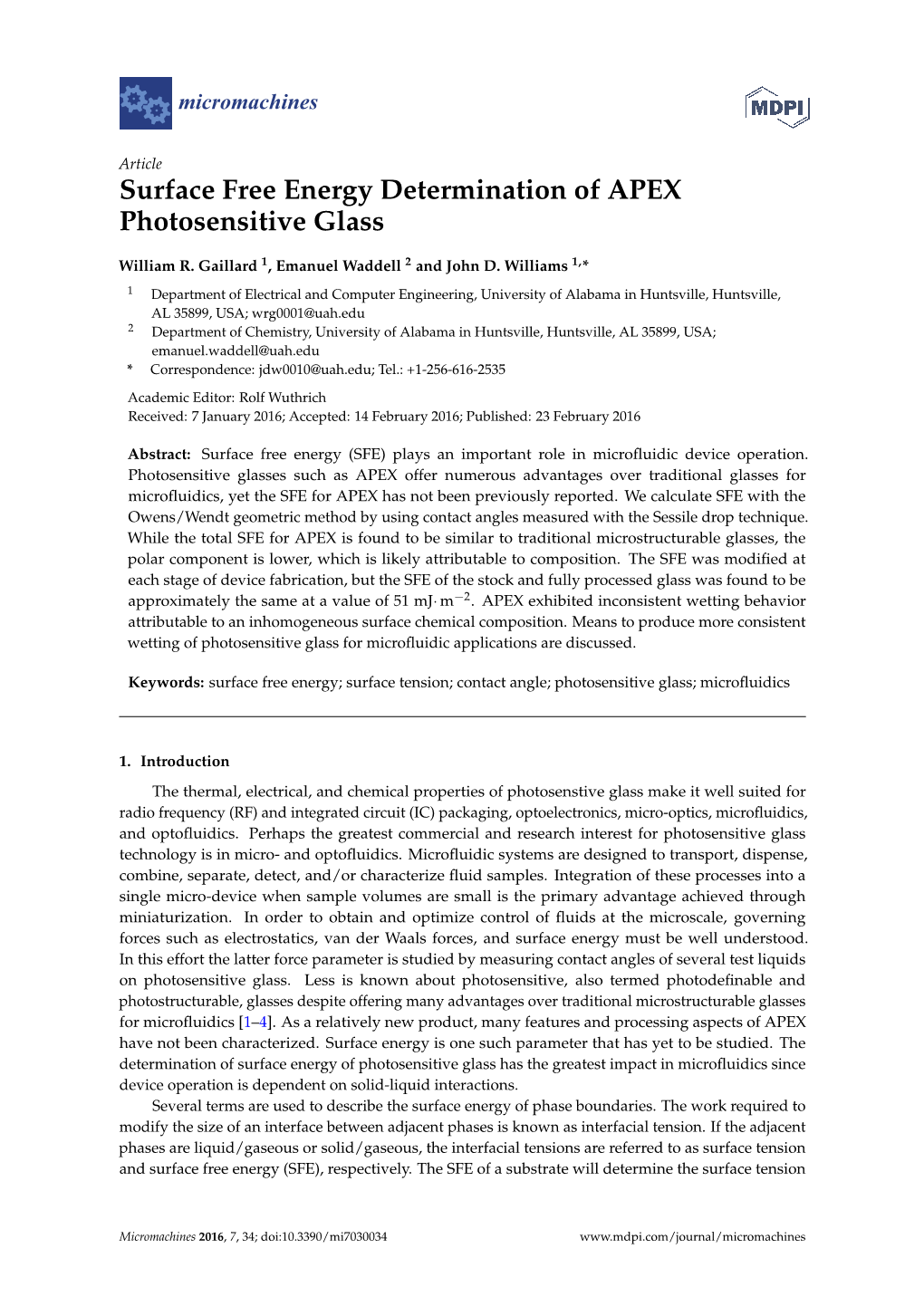 Surface Free Energy Determination of APEX Photosensitive Glass