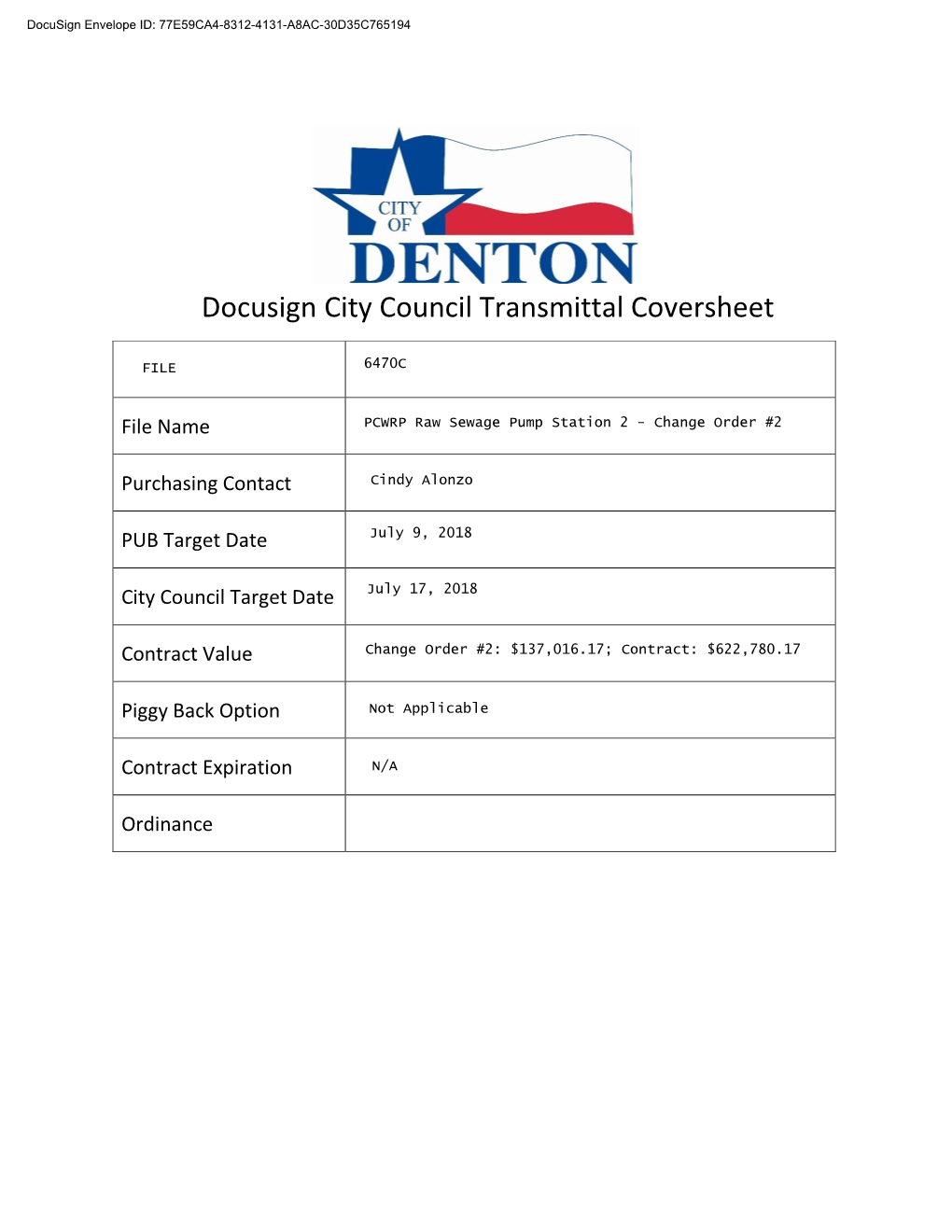 Docusign City Council Transmittal Coversheet