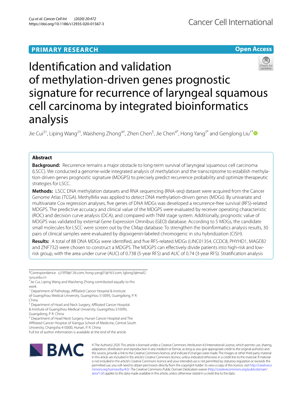 Identification and Validation of Methylation-Driven Genes Prognostic Signature for Recurrence of Laryngeal Squamous Cell Carcino