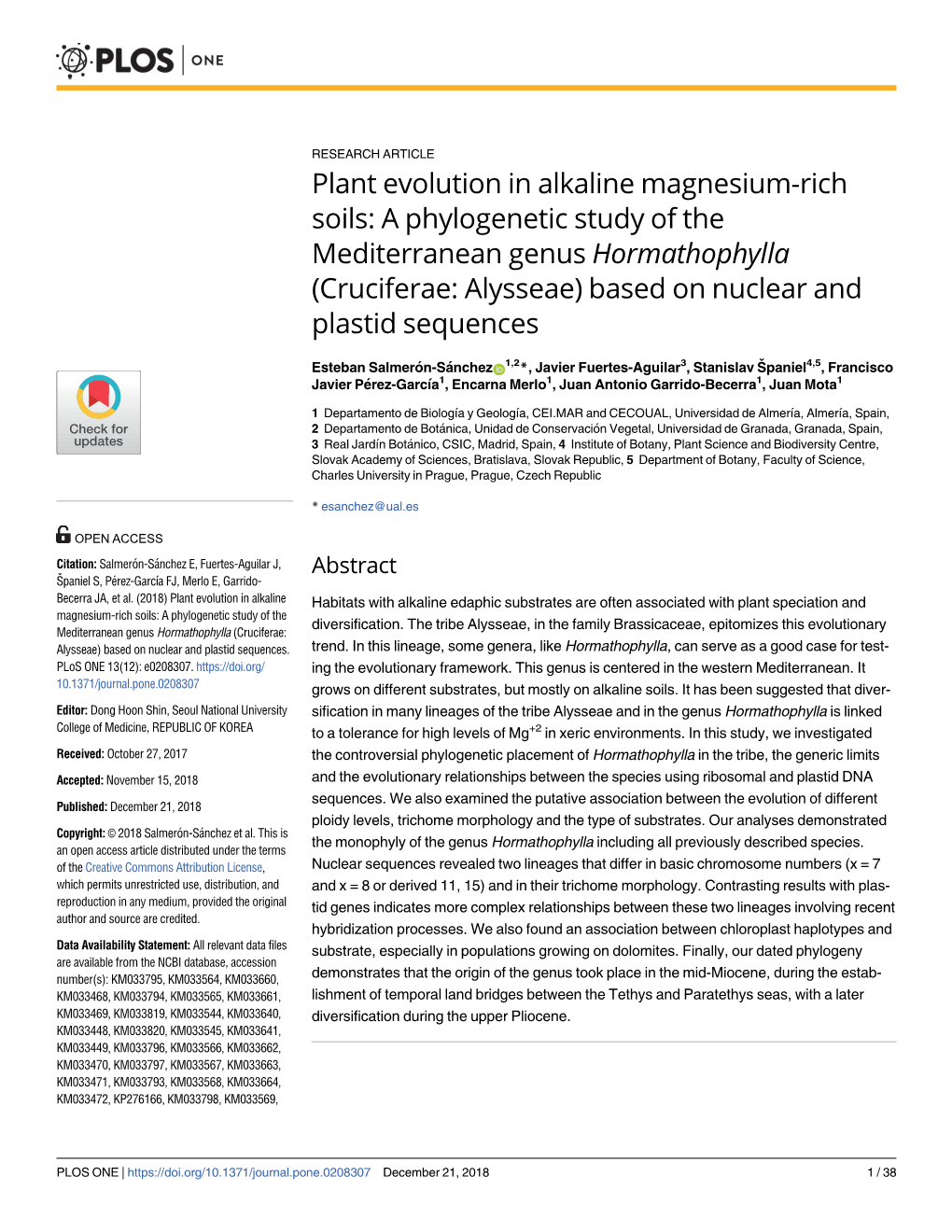 A Phylogenetic Study of the Mediterranean Genus Hormathophylla (Cruciferae: Alysseae) Based on Nuclear and Plastid Sequences