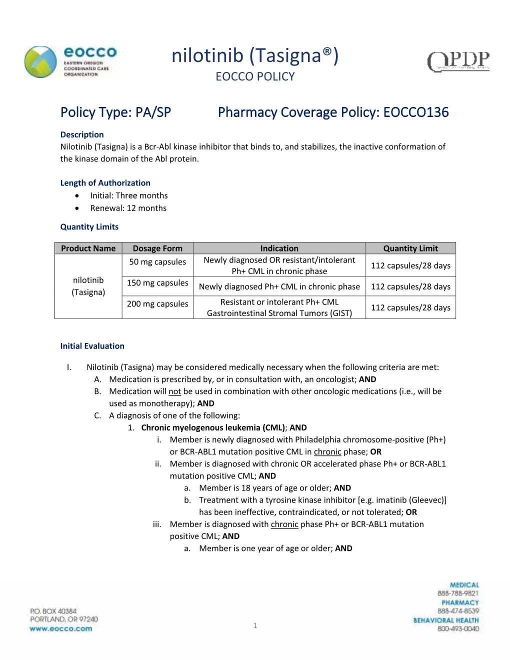 Nilotinib (Tasigna®) EOCCO POLICY