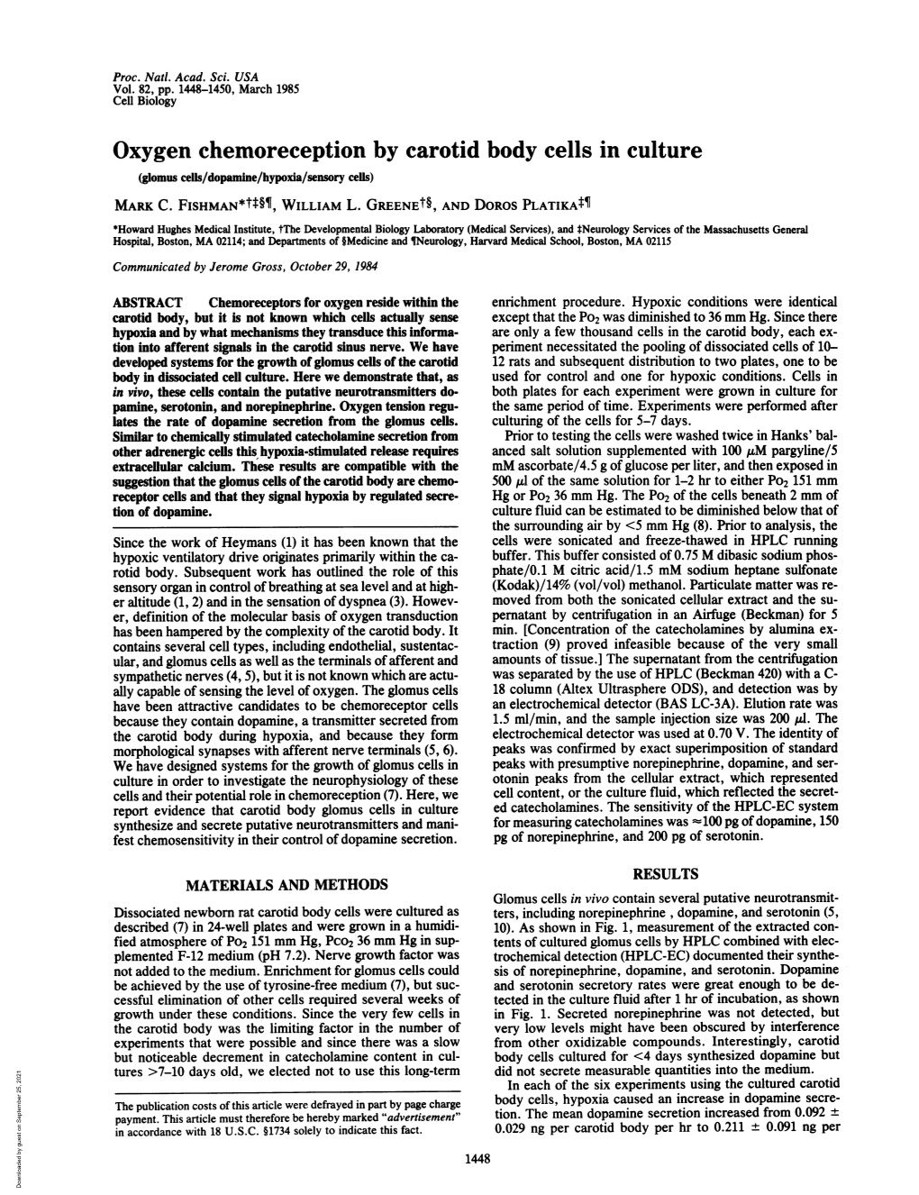 Oxygen Chemoreception by Carotid Body Cells in Culture (Glomus Cells/Dopamine/Hypoxia/Sensory Cells) MARK C