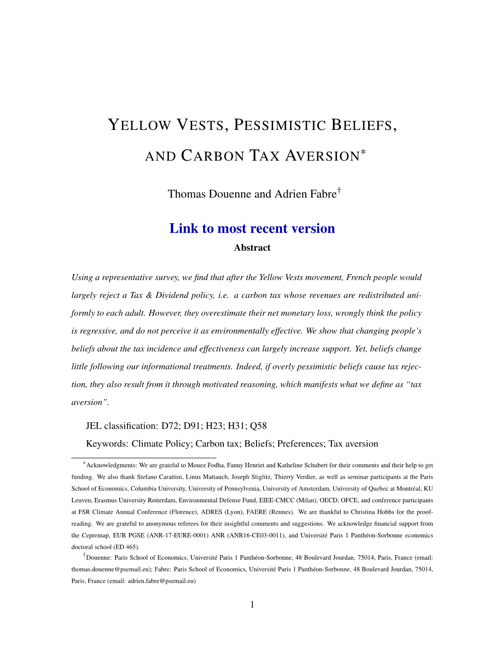 Yellow Vests, Pessimistic Beliefs, and Carbon Tax Aversion