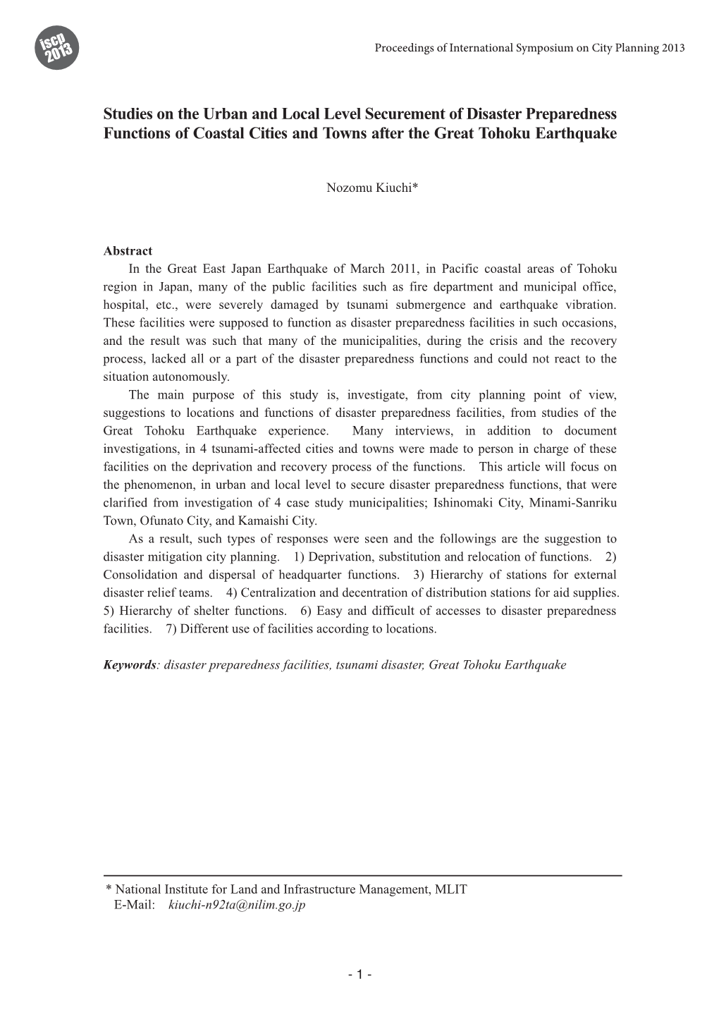 Studies on the Urban and Local Level Securement of Disaster Preparedness Functions of Coastal Cities and Towns After the Great Tohoku Earthquake