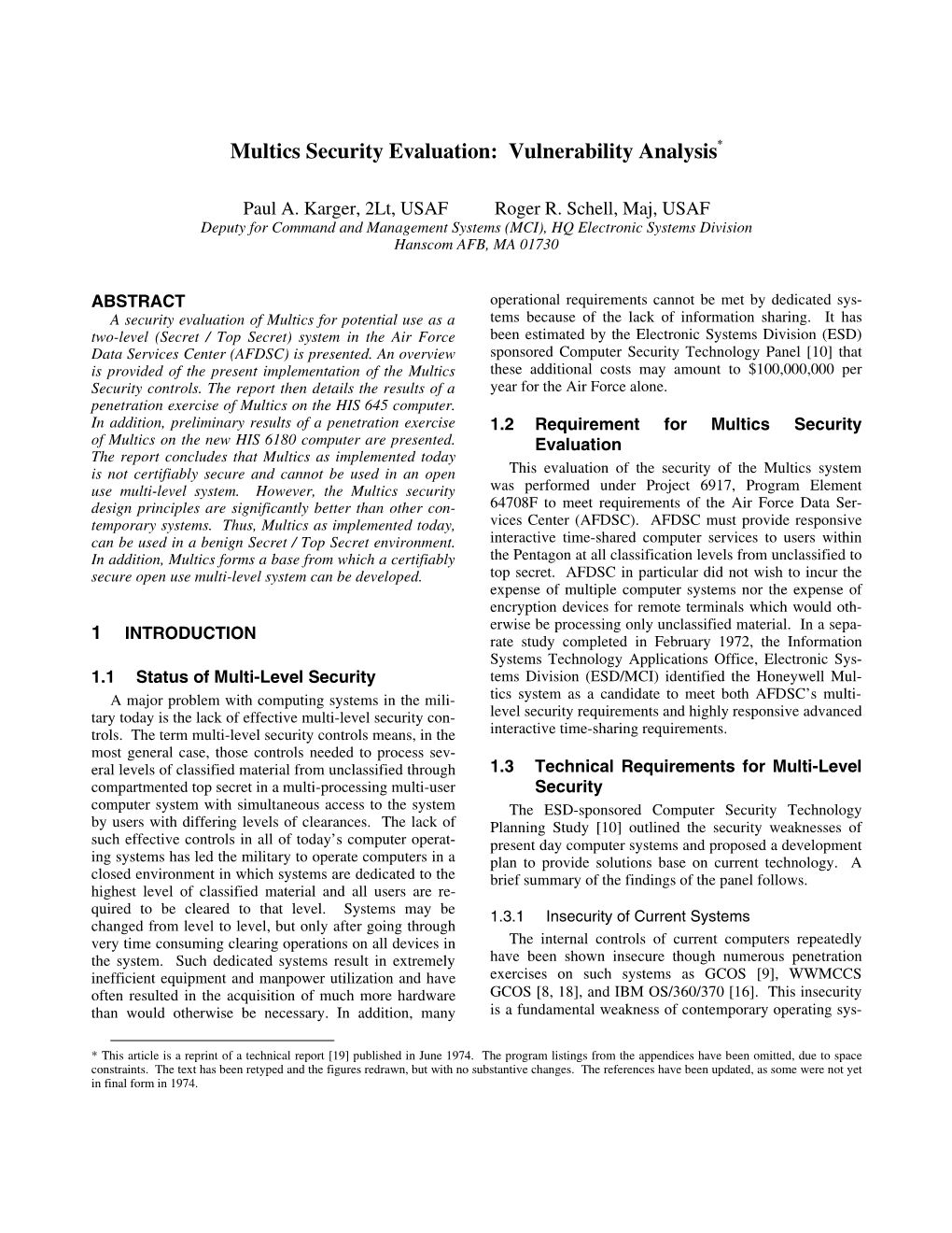 Multics Security Evaluation: Vulnerability Analysis*