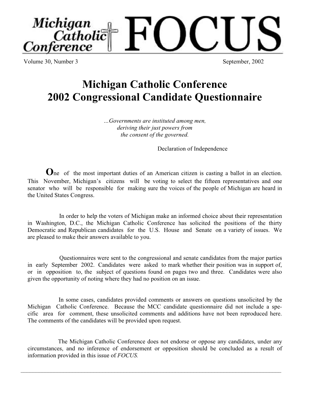 Michigan Catholic Conference 2002 Congressional Candidate Questionnaire