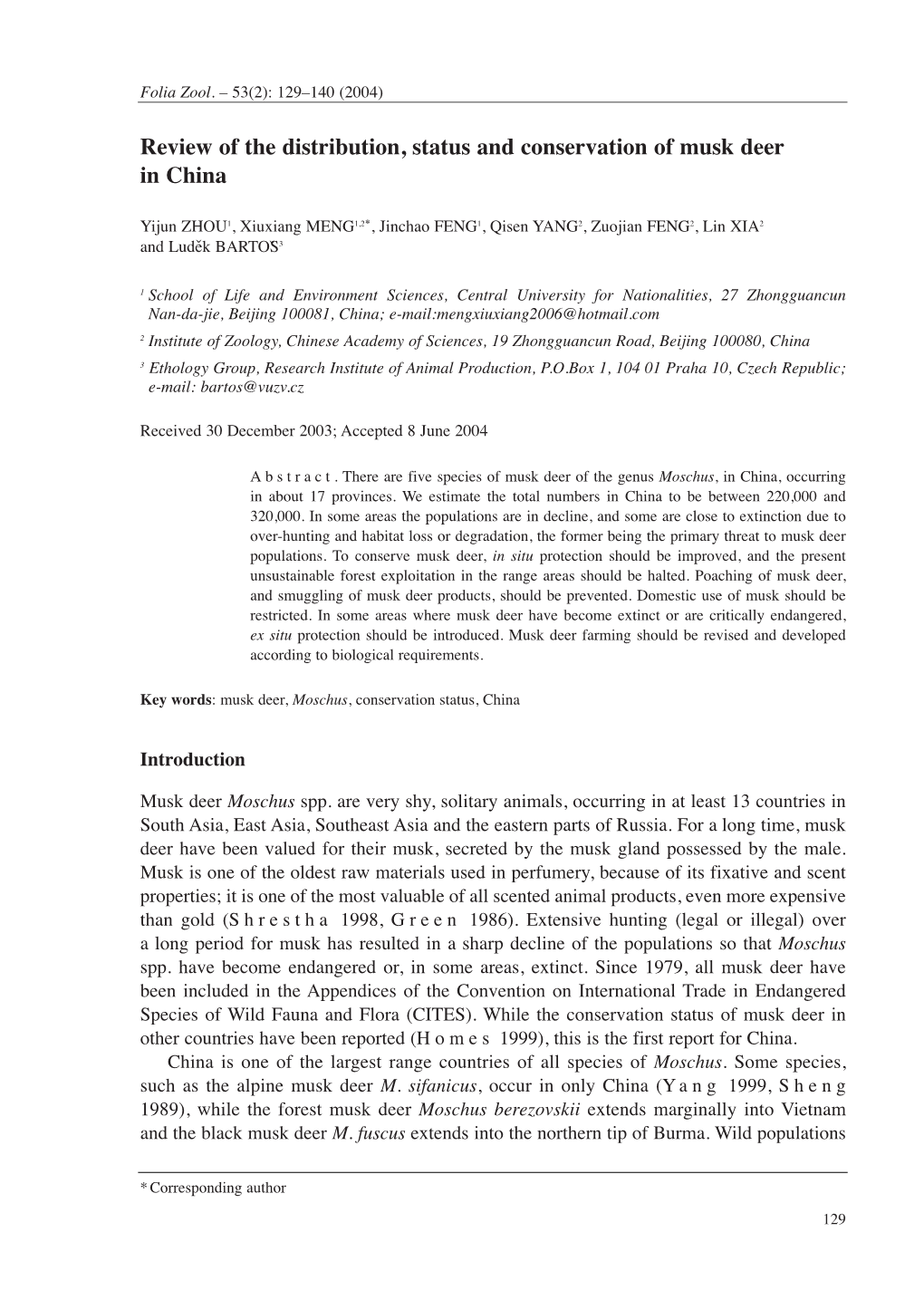 Review of the Distribution, Status and Conservation of Musk Deer in China