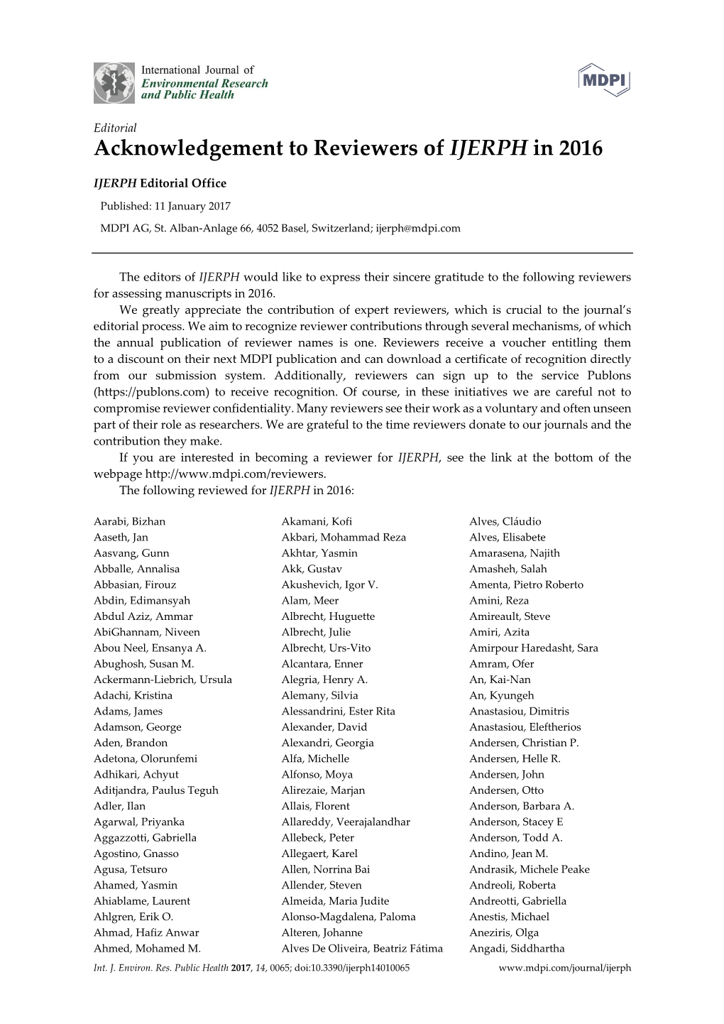 Acknowledgement to Reviewers of IJERPH in 2016