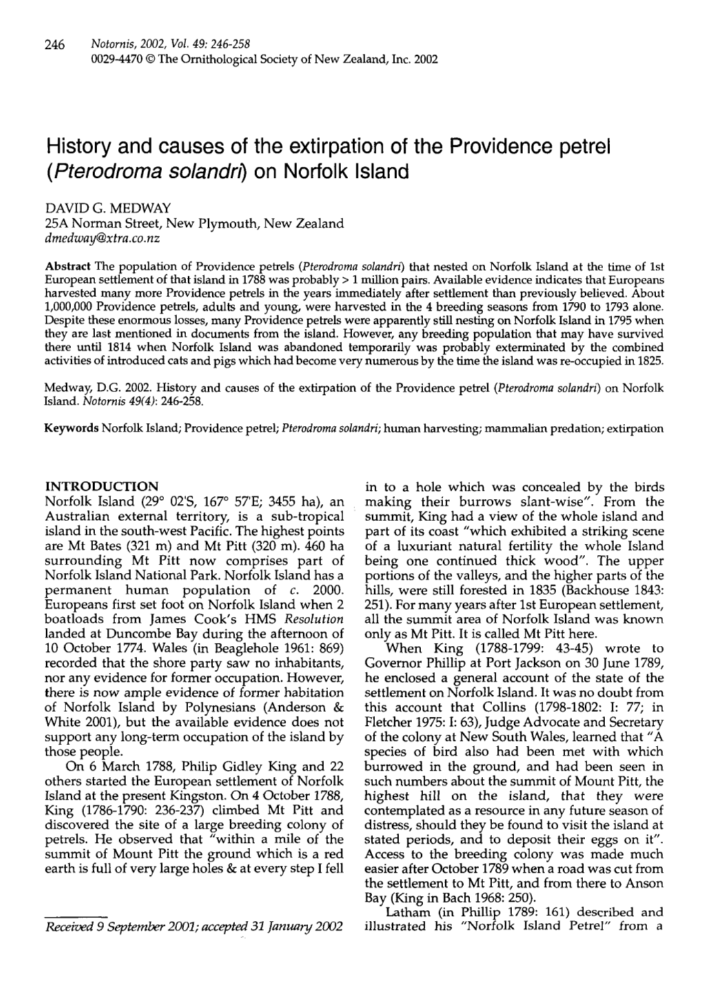 History and Causes of the Extirpation of the Providence Petrel (Pterodroma Solandri) on Norfolk Island